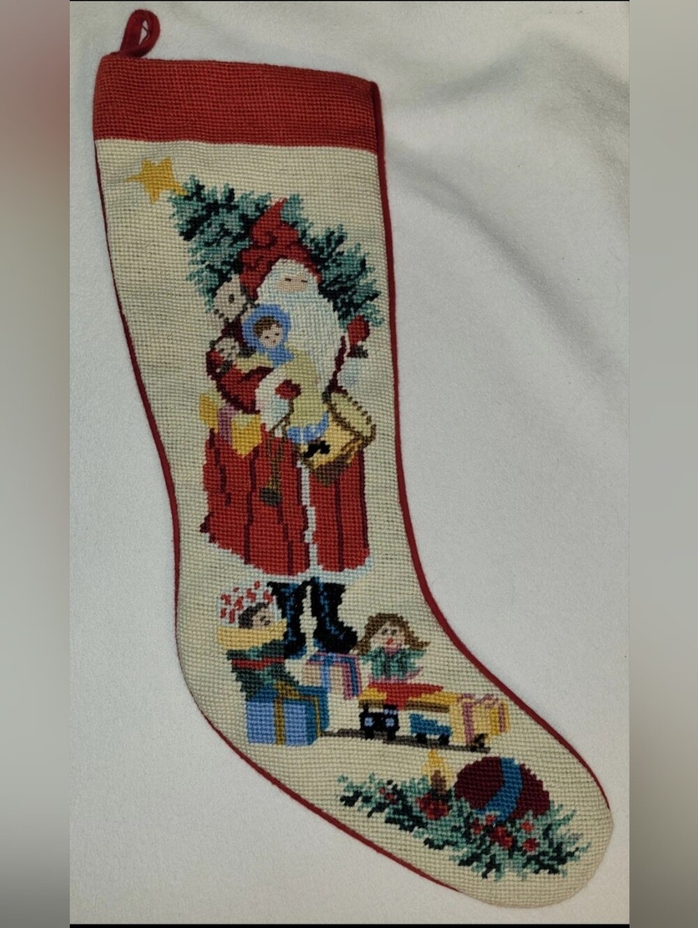 VTG 90s Wool Needlepoint Christmas Victorian Stocking Santa Toys Kids Red Back